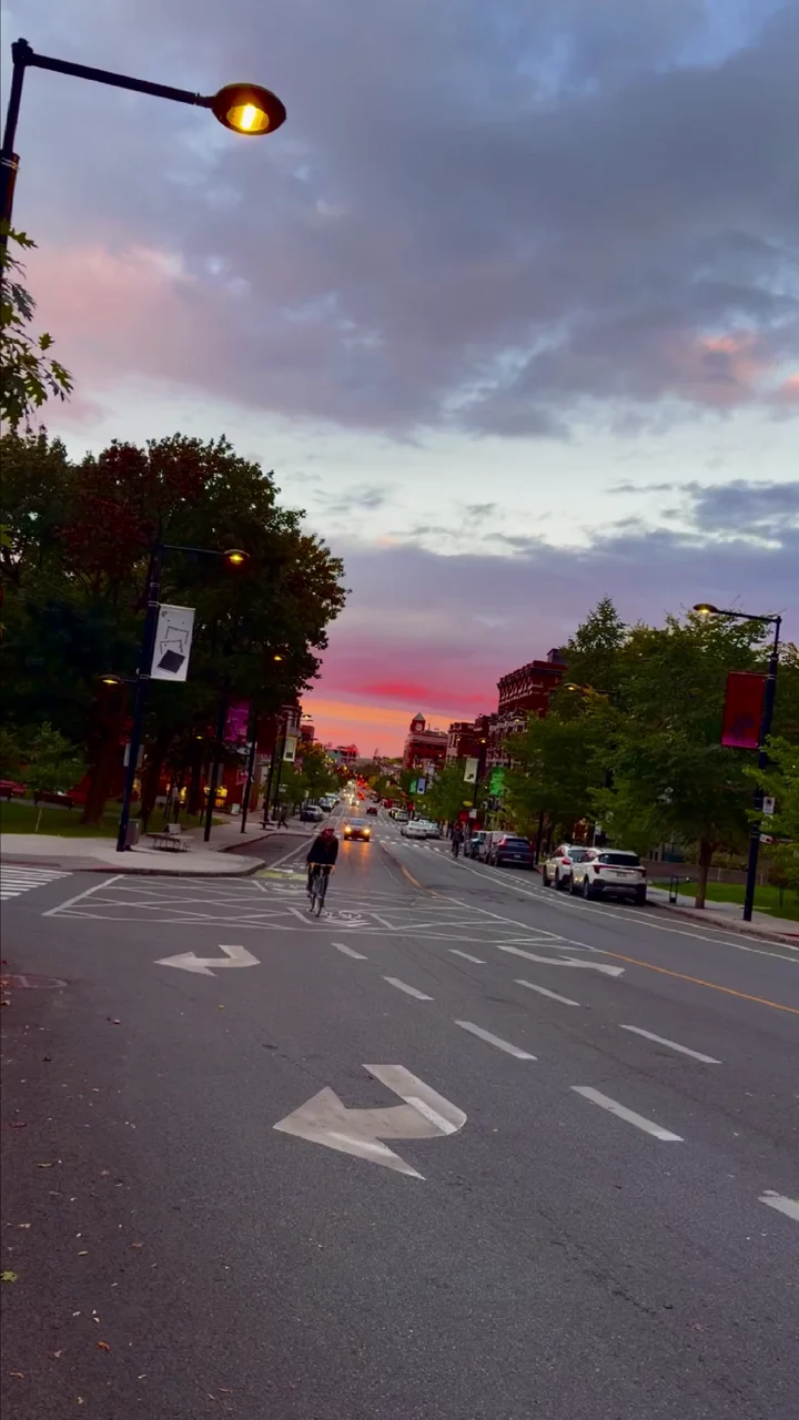 Une rue sous un ciel rose au coucher du soleil et des nuages bleu-gris
