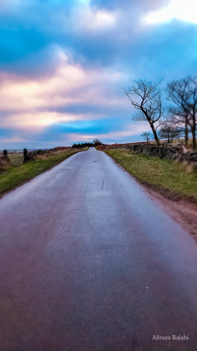 A wet country road stretching towards the horizon