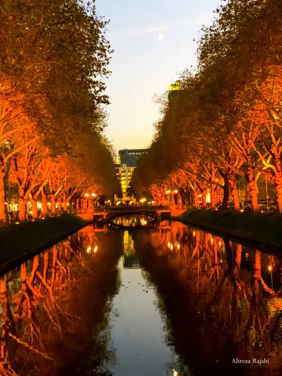 Autumn trees reflected in a narrow canal