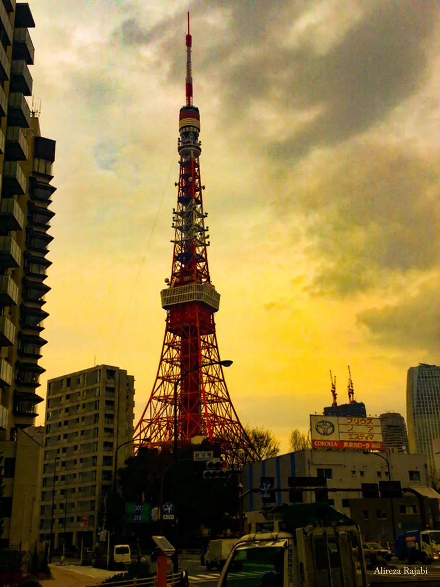 Tokyo Tower against a golden evening sky