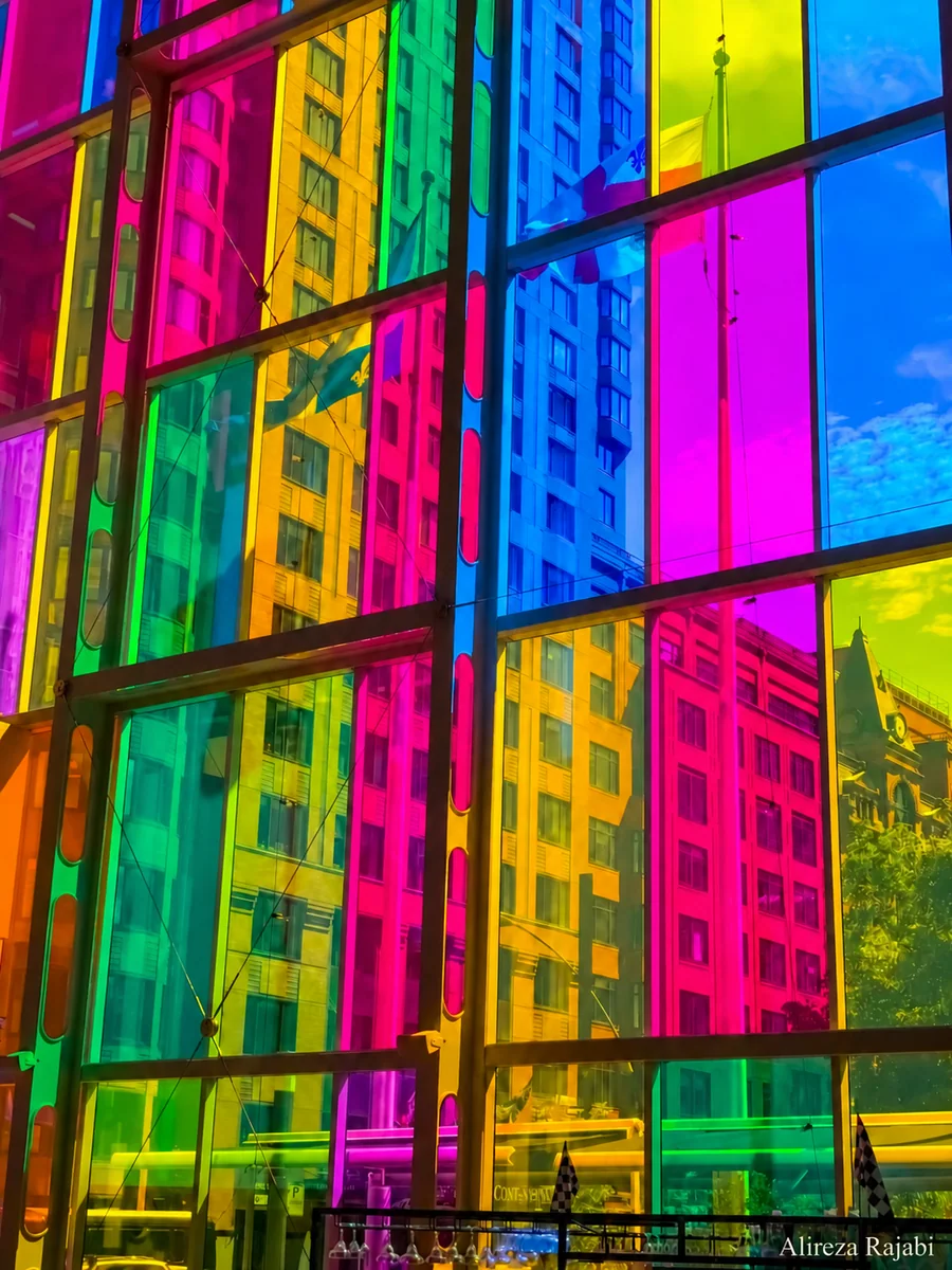 Architecture seen through vividly coloured glass